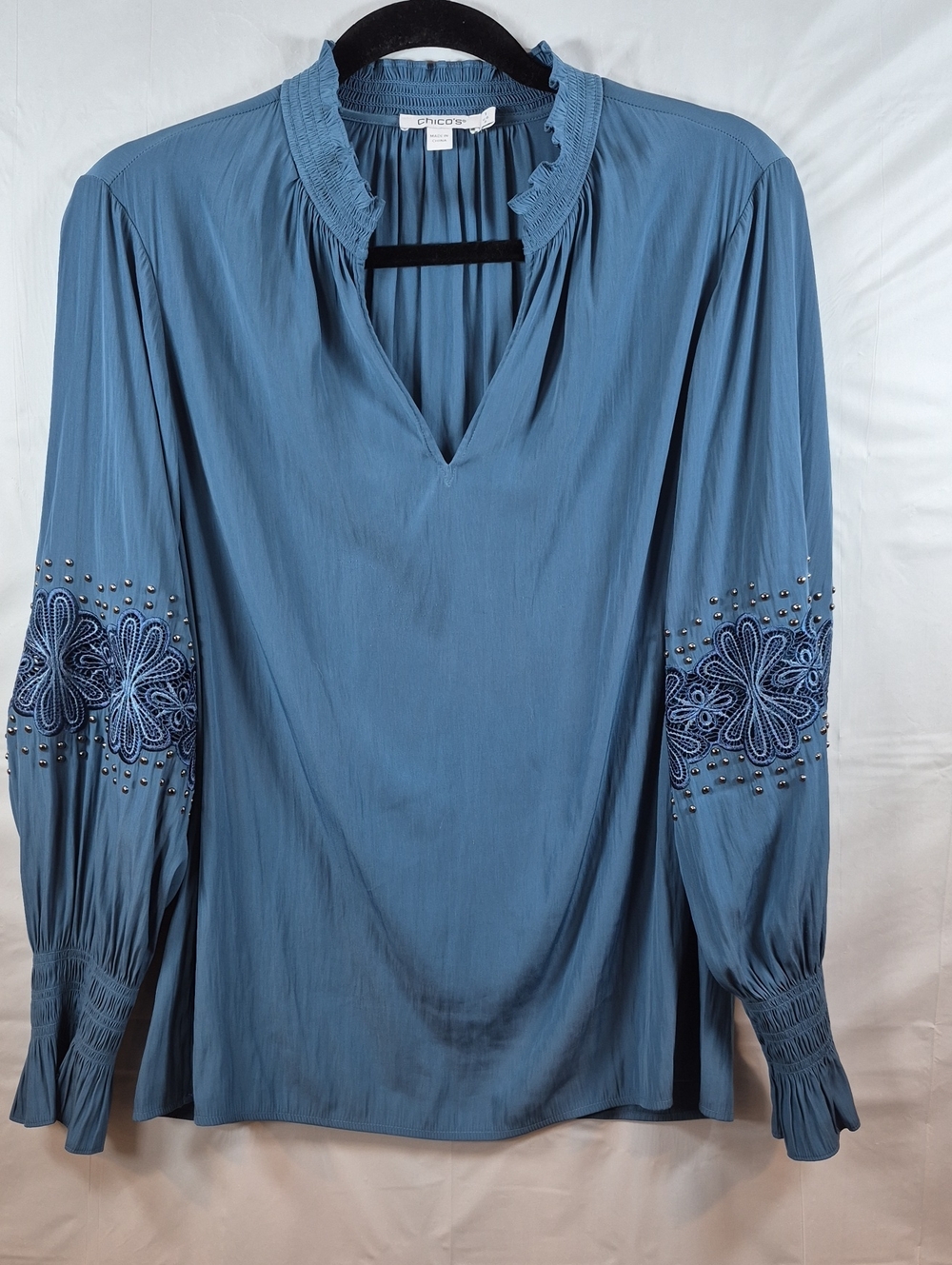 Chico's Dusty Blue Embroidered Sleeve V-Neck Blouse
